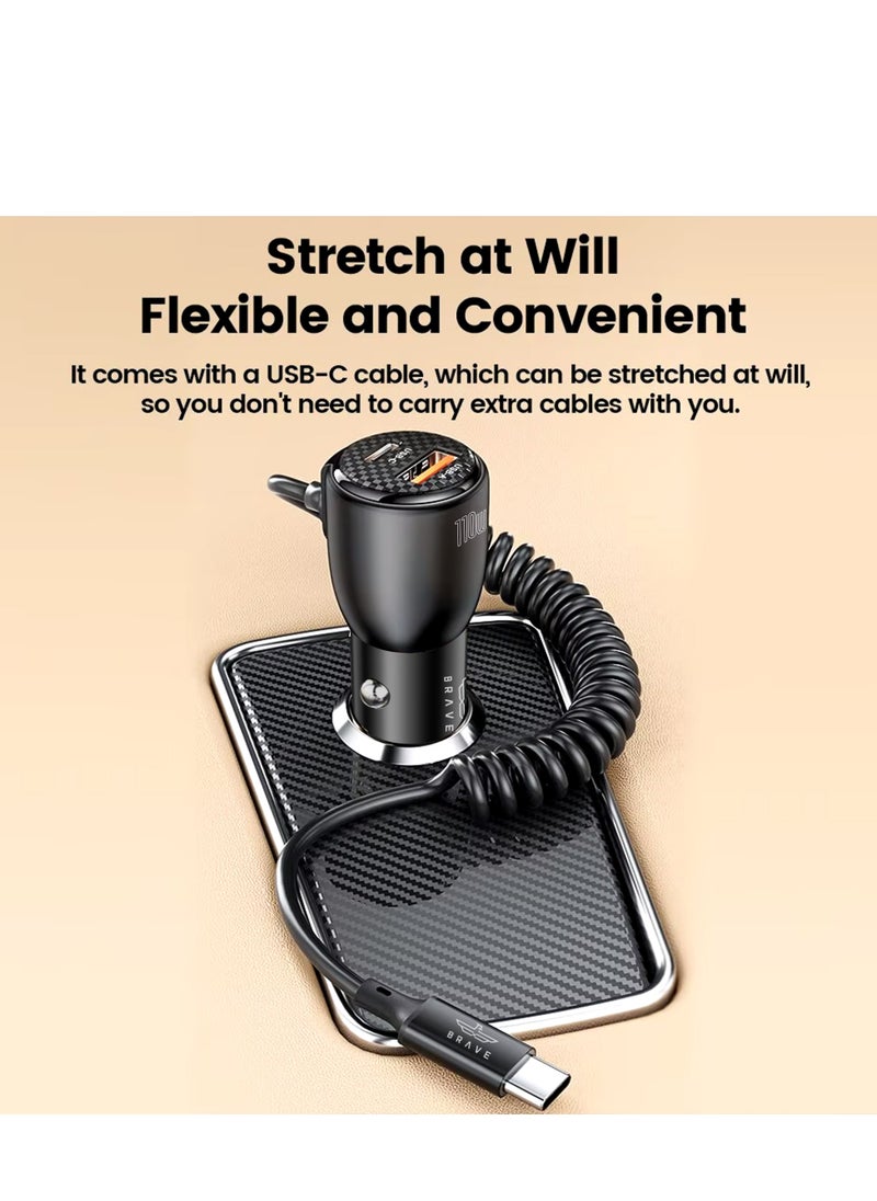 Brave - 110W USB Type-C Car Charger with Built-in 45W Type-C Coiled Cable, 2 Super Fast Charging Ports (1 PD Type-C + 1 QC 3.0 USB), Compatible with iPhone 16, 15, 14 Series, Samsung Galaxy S25, S24, S23, S22, S21, Google Pixel, Huawei, Android Devices, iPad, MacBook Pro, MacBook Air and more for efficient charging on the go - Image 1