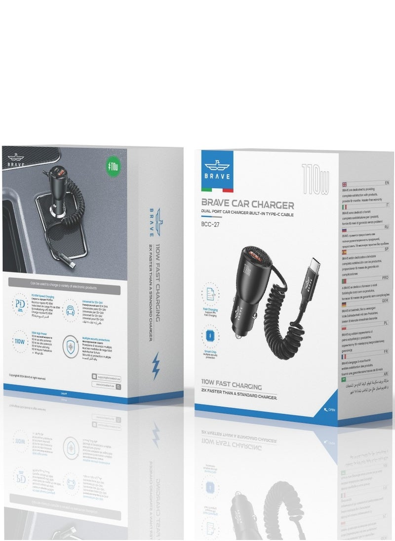 Brave - 110W USB Type-C Car Charger with Built-in 45W Type-C Coiled Cable, 2 Super Fast Charging Ports (1 PD Type-C + 1 QC 3.0 USB), Compatible with iPhone 16, 15, 14 Series, Samsung Galaxy S25, S24, S23, S22, S21, Google Pixel, Huawei, Android Devices, iPad, MacBook Pro, MacBook Air and more for efficient charging on the go - Image 1