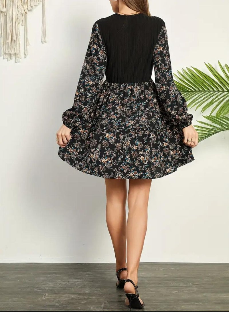 A.M Floral Print Ribbed Splicing A-line Dress, Elegant Crew Neck Long Sleeve Dress For Spring & Fall, Women's Clothing - Image 2