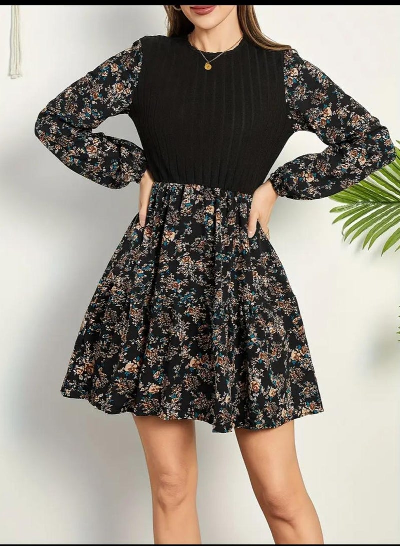 A.M Floral Print Ribbed Splicing A-line Dress, Elegant Crew Neck Long Sleeve Dress For Spring & Fall, Women's Clothing - Image 1