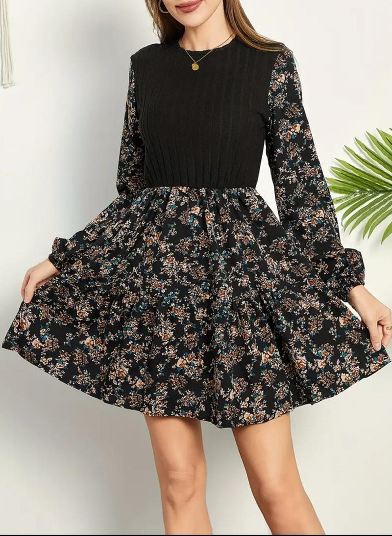A.M Floral Print Ribbed Splicing A-line Dress, Elegant Crew Neck Long Sleeve Dress For Spring & Fall, Women's Clothing - Image 3