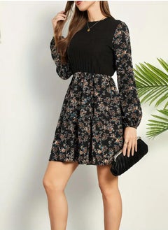 A.M Floral Print Ribbed Splicing A-line Dress, Elegant Crew Neck Long Sleeve Dress For Spring & Fall, Women's Clothing  - Image 4