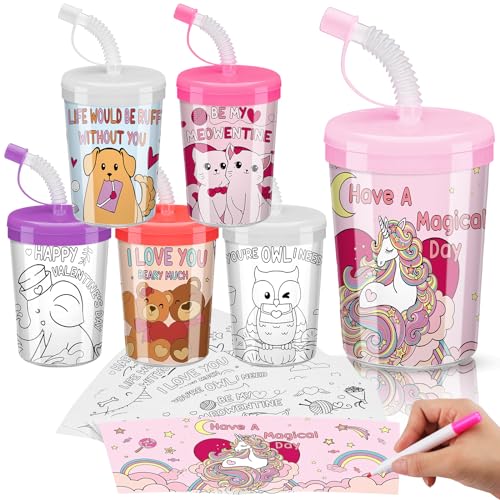 Nitial 12 Set Valentines Coloring Cups Valentines Day Crafts Plastic Cups 8 oz DIY Color Cup with Lids and Straws for Classroom Exchange Gifts Paper Coloring Games Activities Gifts Party Decorations - Image 1