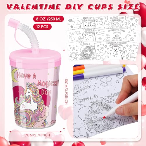 Nitial 12 Set Valentines Coloring Cups Valentines Day Crafts Plastic Cups 8 oz DIY Color Cup with Lids and Straws for Classroom Exchange Gifts Paper Coloring Games Activities Gifts Party Decorations - Image 5