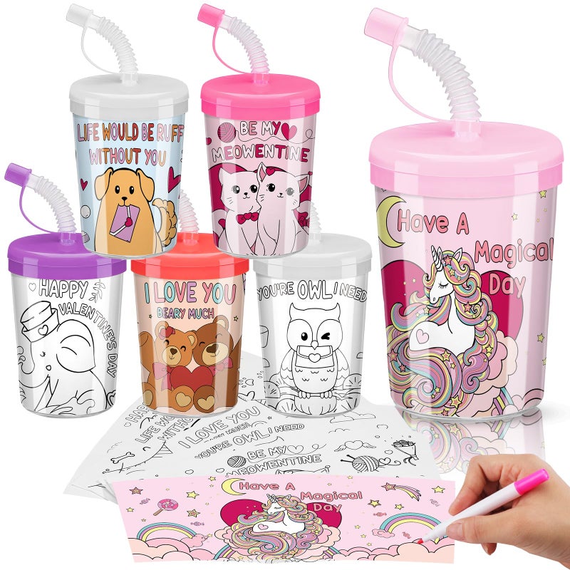 Nitial 12 Set Valentines Coloring Cups Valentines Day Crafts Plastic Cups 8 oz DIY Color Cup with Lids and Straws for Classroom Exchange Gifts Paper Coloring Games Activities Gifts Party Decorations - Image 3