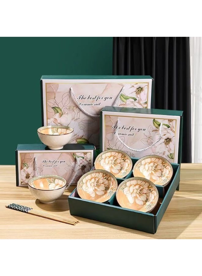 Camellia Ceramic Dinnerware Gift Set - 6 Bowls & 6 Chopsticks, Premium Tableware Set for Family, Guests & Gifting, Elegant Gift Box