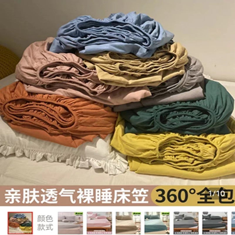 Bed Sheet Single-Piece Fitted Sheet All-Inclusive Bedspread Mattress Protective Cover Washed Cotton Summer Maternal And Child Washed Cotton Fitted Sheet Three-Piece Set - Image 2