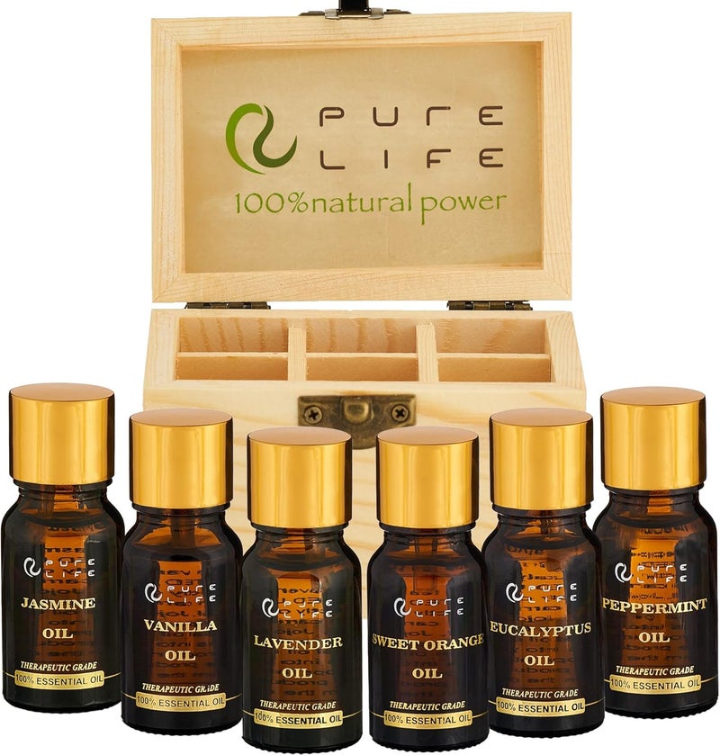 Pure Life Pure Life Top Essential Oil Set for Diffuser Aromatherapy, 100% Organic Fragrance Oils for Humidifier at Home & Car, Fresh Grade Scents: Lavender, Peppermint, Eucalyptus, Orange, Vanilla & Jasmine.