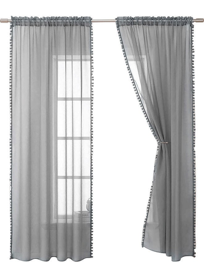 NIBEMINENT Home Sheer Linen Textured Curtains With Lace Semi Drapes Grey - Image 1