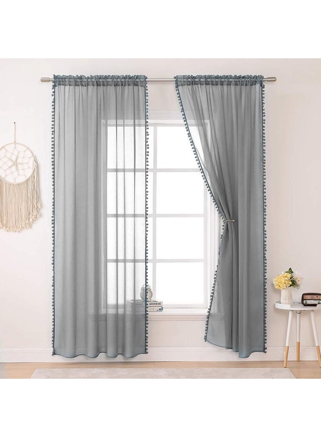NIBEMINENT Home Sheer Linen Textured Curtains With Lace Semi Drapes Grey - Image 2