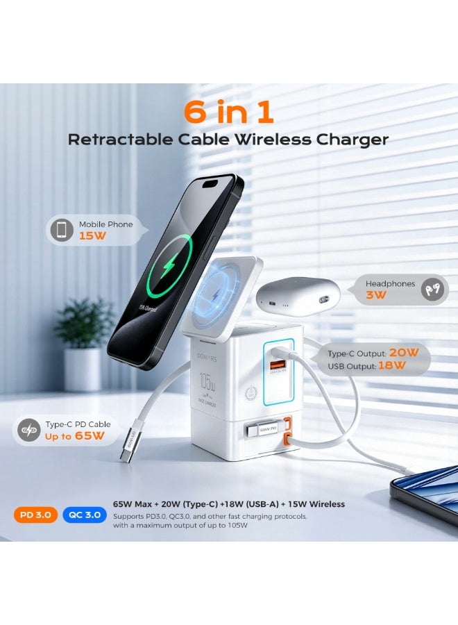 دومرز‌ برج شحن Domars 105W Gan 6 في 1 مع شحن لاسلكي، محطة شحن مكتبية لـ 6 أجهزة في وقت واحد، كابلات قابلة للسحب وإضاءة LED تعمل باللمس، متوافق مع iPhone 17 16 15 14 13 12 11 MacBook Pro وApple Watch وAirPods وSwitch، للمكتب والمنزل (أسود) - Image 2