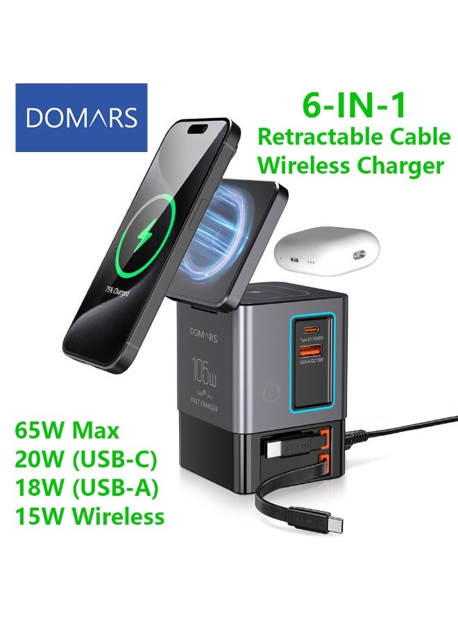 دومرز‌ برج شحن Domars 105W Gan 6 في 1 مع شحن لاسلكي، محطة شحن مكتبية لـ 6 أجهزة في وقت واحد، كابلات قابلة للسحب وإضاءة LED تعمل باللمس، متوافق مع iPhone 17 16 15 14 13 12 11 MacBook Pro وApple Watch وAirPods وSwitch، للمكتب والمنزل (أسود) - Image 1
