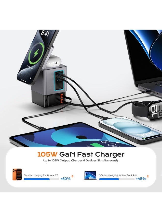 دومرز‌ برج شحن Domars 105W Gan 6 في 1 مع شحن لاسلكي، محطة شحن مكتبية لـ 6 أجهزة في وقت واحد، كابلات قابلة للسحب وإضاءة LED تعمل باللمس، متوافق مع iPhone 17 16 15 14 13 12 11 MacBook Pro وApple Watch وAirPods وSwitch، للمكتب والمنزل (أسود) - Image 4
