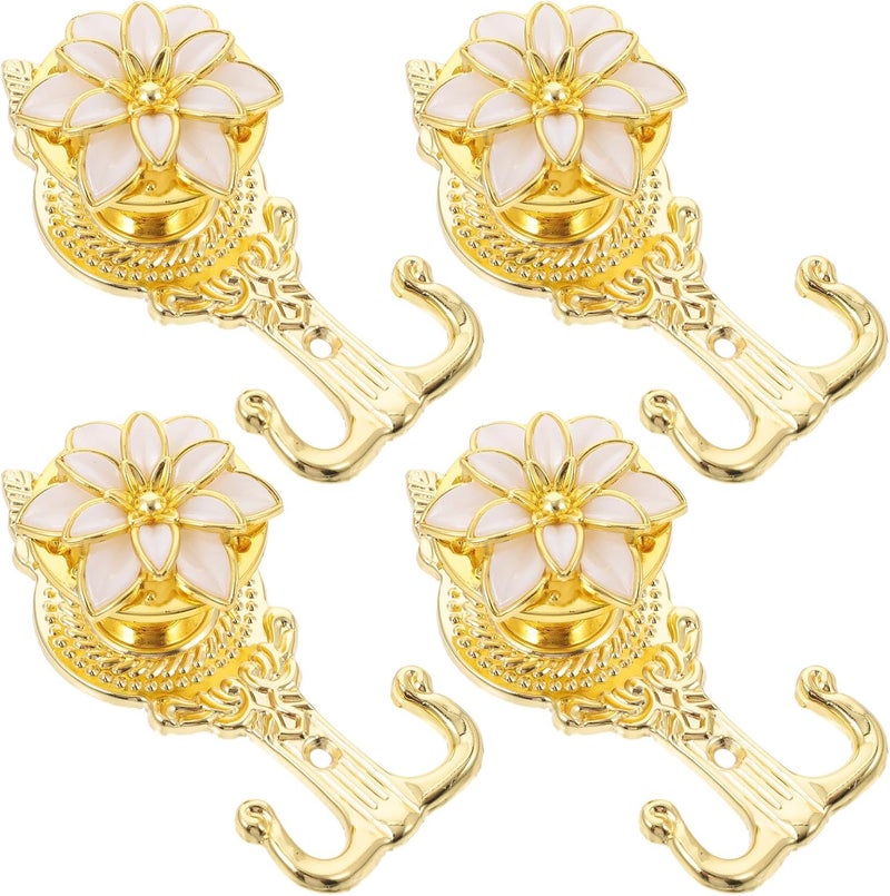 Double Coat Hooks Decorative Curtain Hanging Hooks with Flower Design Beige 4pcs Set for Bathroom Bedroom Kitchen Organization - Image 1