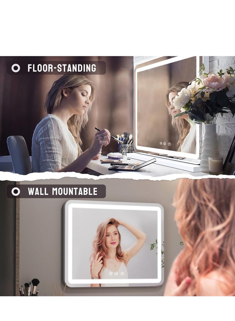 Vparty - LED Vanity Mirror with Touch Control, 32"x23" Large Makeup Mirror, 3-Color Dimmable Light, USB Charging, and Magnifying Glass (White) - Image 1