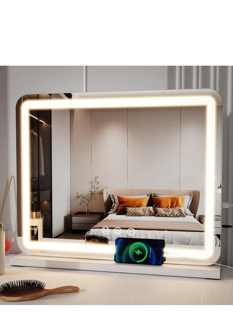Vparty - LED Vanity Mirror with Touch Control, 32"x23" Large Makeup Mirror, 3-Color Dimmable Light, USB Charging, and Magnifying Glass (White) - Image 1
