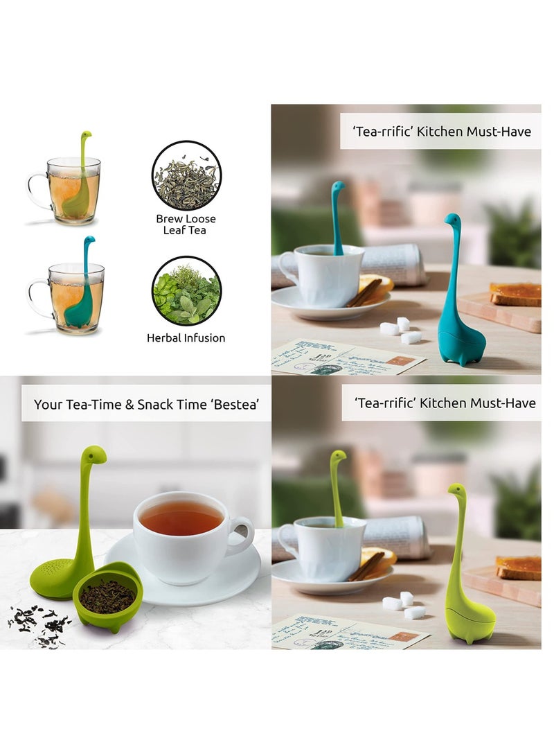 SYOSI Turquoise Ladle Green Cute Tea Infuser Strainer with Steeping Spoon Cute Tea Gifts Long Handle Neck Ball Body Lake Monster Silicone Tea Infuser for Herbal Tea - Image 3
