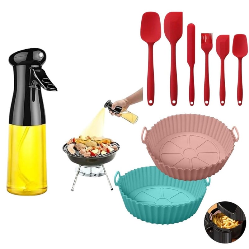 CARTIFY 210ml FoodGrade Oil Sprayer Bottle 2pcs Air Fryer Liner Baking Tray with 6 Silicone Spatulas Ultimate Cooking Kit for Healthy Frying Baking and Grilling - Image 1