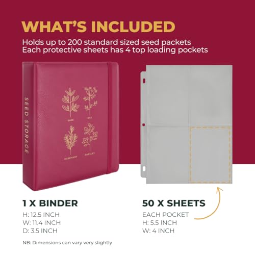 WILDGOOSE Seed Storage Organizer Binder - Seed Packet Organizer with 50 Pack Sheet Protectors That Stores 200 Seed Envelopes. (Raspberry) - Image 3