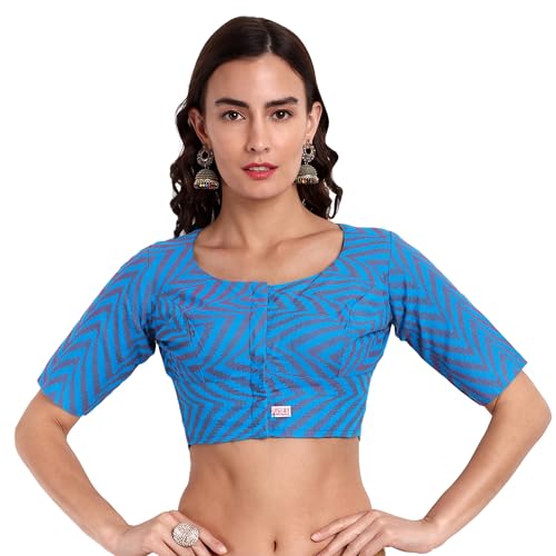 JISB Women's High Neck Cotton Self Design Saree Blouse (42, Blue) - Image 3