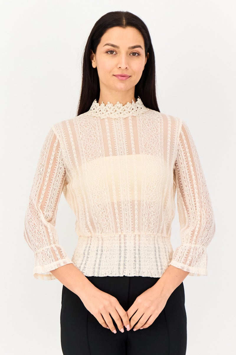 VERO MODA بلوزة نسائية بأكمام طويلة و ياقة مرتفعة بتصميم منقوش، بيج - Image 1