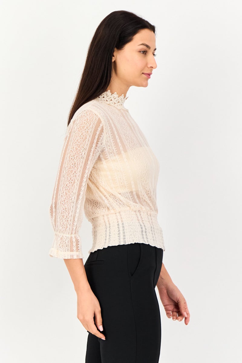 VERO MODA بلوزة نسائية بأكمام طويلة و ياقة مرتفعة بتصميم منقوش، بيج - Image 4