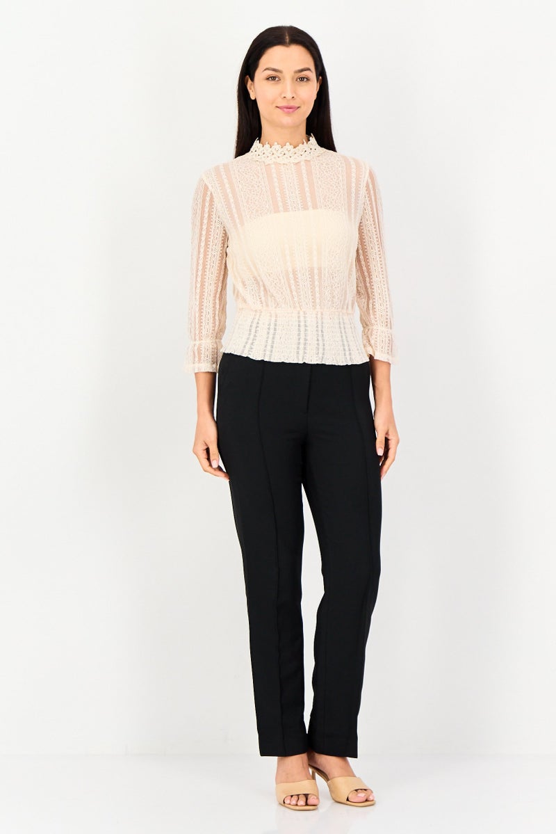 VERO MODA بلوزة نسائية بأكمام طويلة و ياقة مرتفعة بتصميم منقوش، بيج - Image 3