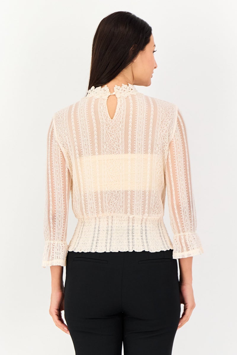 VERO MODA بلوزة نسائية بأكمام طويلة و ياقة مرتفعة بتصميم منقوش، بيج - Image 2