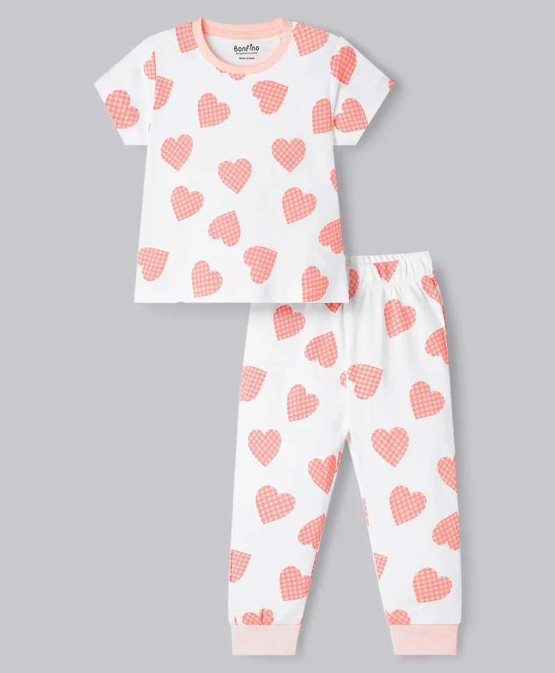 Bonfino Bonfino 100% Cotton Heart Printed Pyjama Set - White