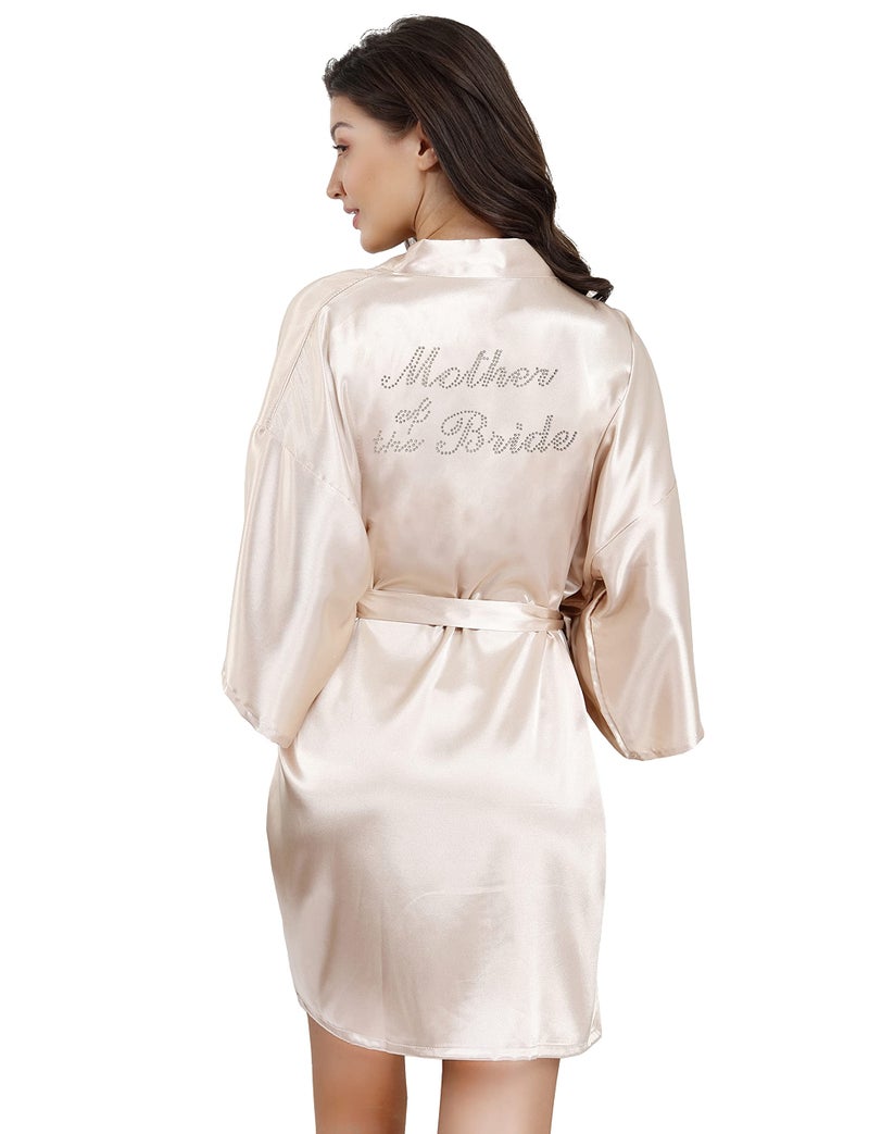 EPLAZA Women's One Size Silver Rhinestones Bride Bridesmaid Short Satin Robes for Wedding Party Getting Ready (Champagne, Mother of The Bride) - Image 2