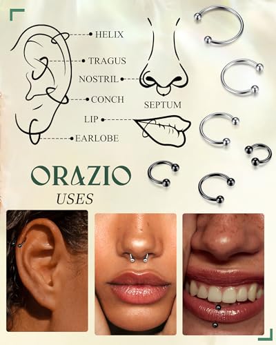 ORAZIO 16G 14G Horseshoe Septum Rings Surgical Steel Nose Rings Hoop for Women Men Circular Barbell Piercing Jewelry Cartilage Helix Tragus Earring Daith Lip Conch Piercing Rings 6/8/10/12/14/16mm - Image 2