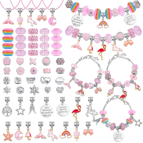 Flasoo DIY Charm Bracelet Making Kit, Jewelry Kit with Unicorn Mermaid Pink Stuff Craft Gifts for Birthday, Christmas, New Year - Image 1