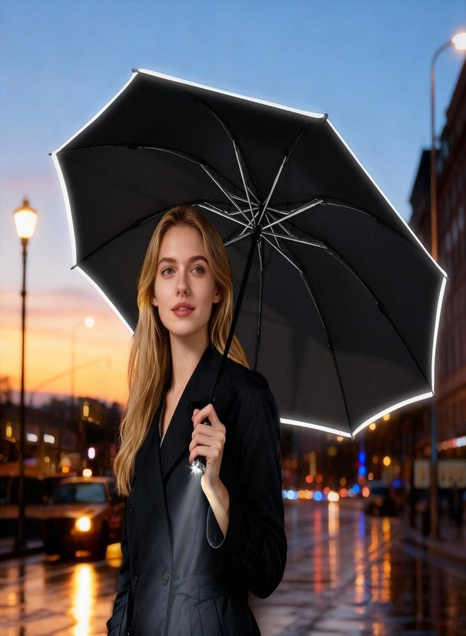 Lejorain Folding Reverse LED Umbrella - Upside Down Reflective Umbrellas Compact Inverted Travel Windproof Umbrella Auto Open Close for Rain - Image 3