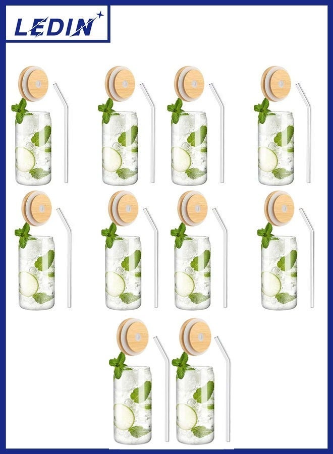 LEDIN Glass Cups with Bamboo Lids and Glass Straws 16oz Drinking Glasses Can Shaped Glass Cups Beer Glasses Iced Coffee Glasses Ideal for Soda Wine Cocktail Cleaning Brushes (10 Piece) - Image 1