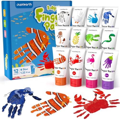 JUPITEARTH 28 PCS Finger Paint Baby Safe Paints for Hand and Feet Washable Paint for Kids NonToxic 12 Vibrant Colors 122fl oz36ml Palette Apron Brush Eye Stickers Safe Preschool Art Supplies for Kids - Image 1