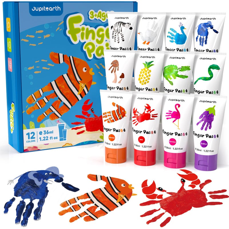 JUPITEARTH 28 PCS Finger Paint Baby Safe Paints for Hand and Feet Washable Paint for Kids NonToxic 12 Vibrant Colors 122fl oz36ml Palette Apron Brush Eye Stickers Safe Preschool Art Supplies for Kids - Image 2