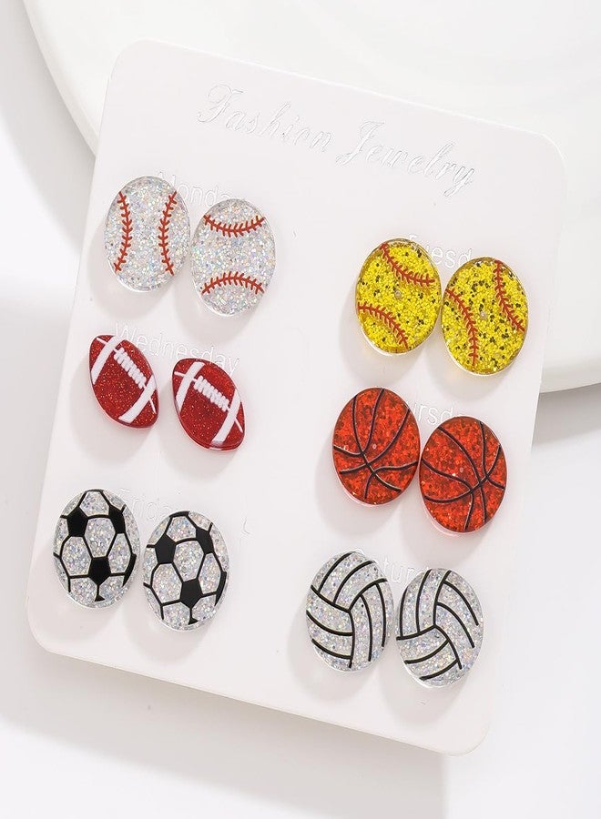 Kzl 6 Pairs Cute Sport Acrylic Stud Earrings Set for Women Football Baseball Basketball Volleyball Soccer Softball Glitter Stud Earrings Soprt Lover Jewelry Game Day Accessories Gifts-6 Pairs - Image 2