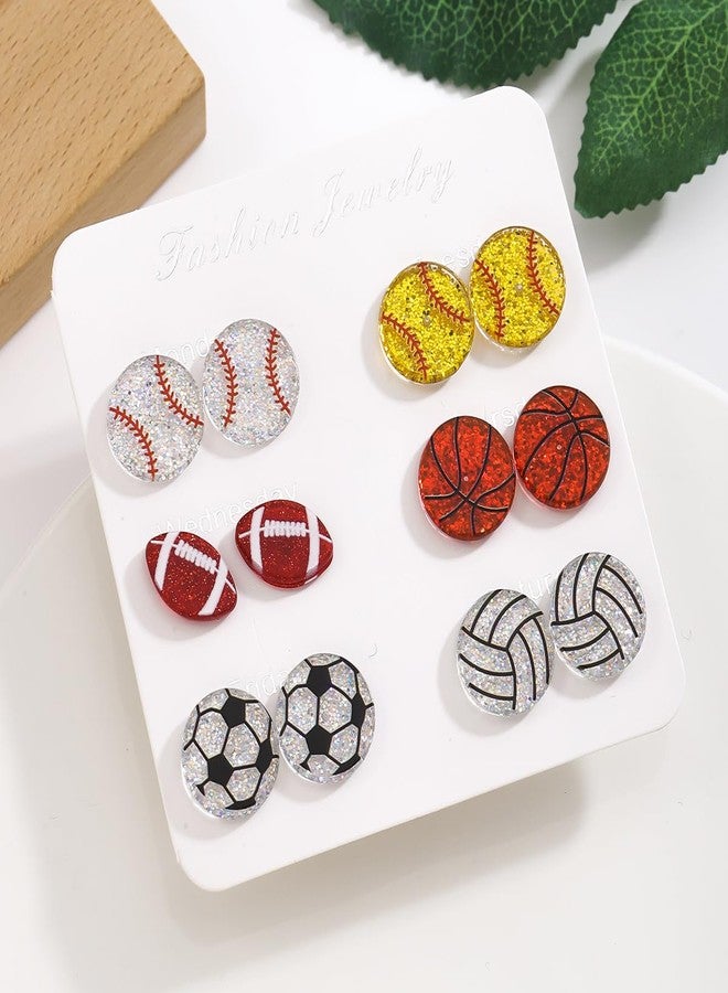 Kzl 6 Pairs Cute Sport Acrylic Stud Earrings Set for Women Football Baseball Basketball Volleyball Soccer Softball Glitter Stud Earrings Soprt Lover Jewelry Game Day Accessories Gifts-6 Pairs - Image 3