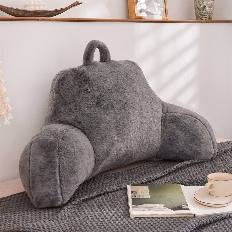 Holawakaka Holawakaka Standard Faux Fur Bed Rest Pillow with Arms Artificial Rabbit Fur Reading Pillows Perfect for Adults Teens Kids Pregnancy Lumbar  Head Neck Coccyx Lower Back Support Cushion Grey
