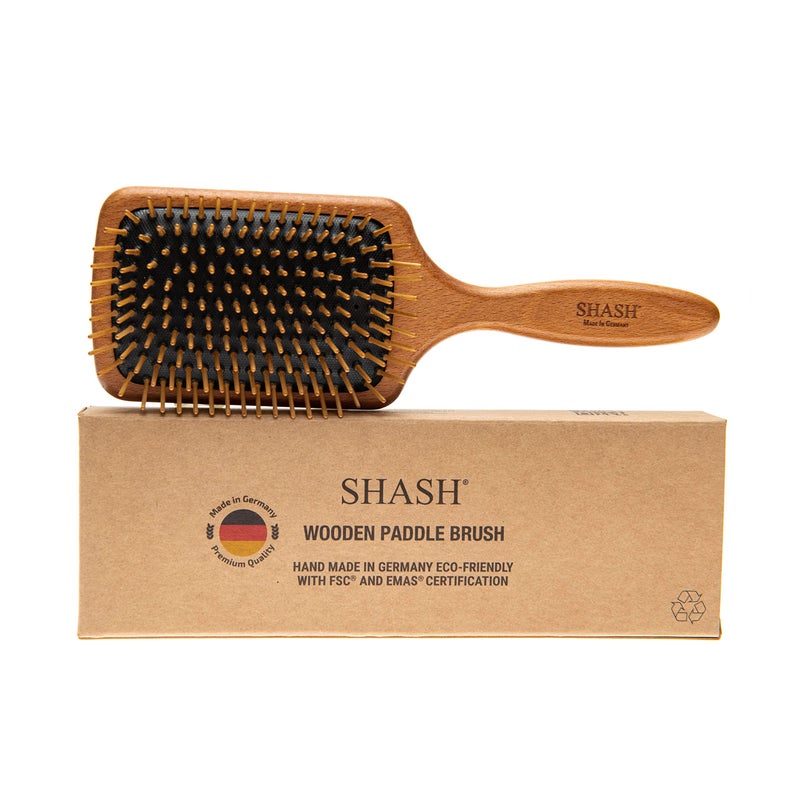 SHASH Since 1869 Made in Germany Wooden Paddle Brush - Gently Detangles, Styles, Conditions Hair with Minimal Frizz and Breakage - Safe for All Hair Types, Wet or Dry - Eco-Sourced Wood - Image 1