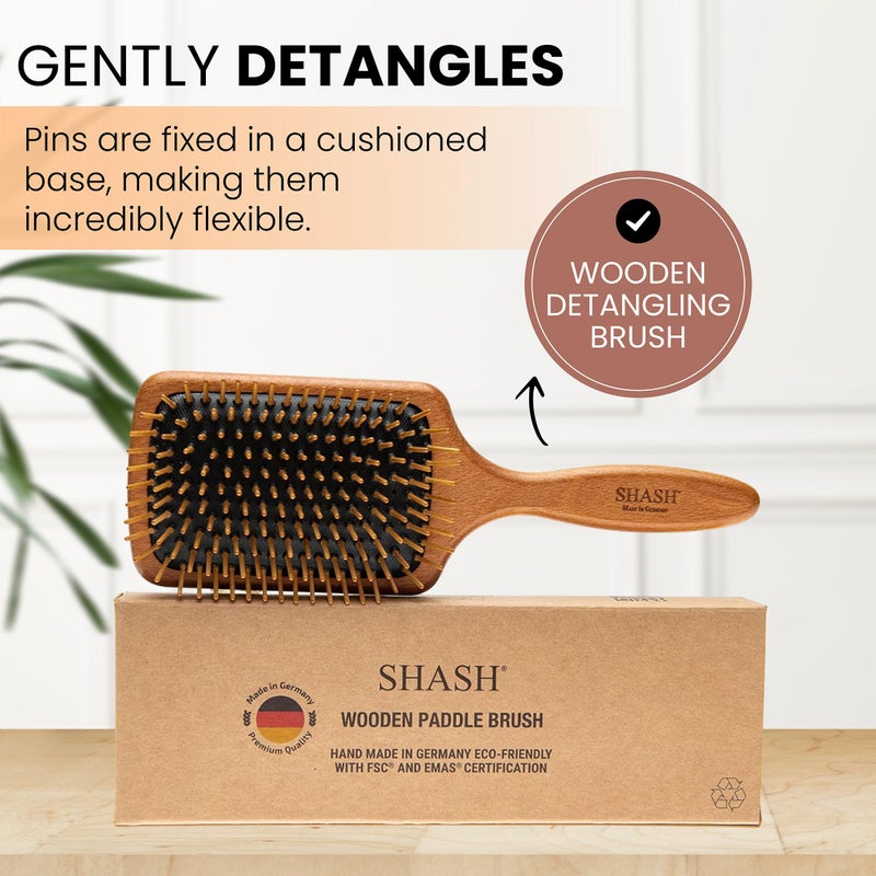 SHASH Since 1869 Made in Germany Wooden Paddle Brush - Gently Detangles, Styles, Conditions Hair with Minimal Frizz and Breakage - Safe for All Hair Types, Wet or Dry - Eco-Sourced Wood - Image 4