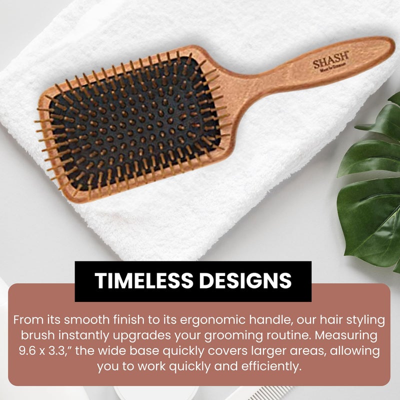 SHASH Since 1869 Made in Germany Wooden Paddle Brush - Gently Detangles, Styles, Conditions Hair with Minimal Frizz and Breakage - Safe for All Hair Types, Wet or Dry - Eco-Sourced Wood - Image 5