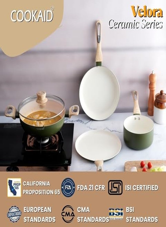 Cookaid Velora Series Cook and Serve Cookware Set of 7 Pcs Non Stick Cookware Set with 2 Pcs Nylon Tool| Aluminium Body| Ceramic Non Stick Coating |ISI Certified | Olive Green - Image 5