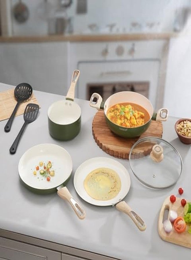 Cookaid Velora Series Cook and Serve Cookware Set of 7 Pcs Non Stick Cookware Set with 2 Pcs Nylon Tool| Aluminium Body| Ceramic Non Stick Coating |ISI Certified | Olive Green - Image 1