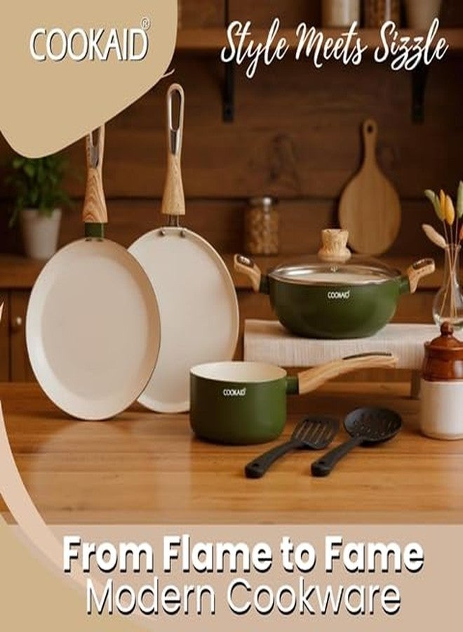 Cookaid Velora Series Cook and Serve Cookware Set of 7 Pcs Non Stick Cookware Set with 2 Pcs Nylon Tool| Aluminium Body| Ceramic Non Stick Coating |ISI Certified | Olive Green - Image 4