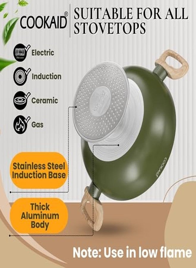 Cookaid Velora Series Cook and Serve Cookware Set of 7 Pcs Non Stick Cookware Set with 2 Pcs Nylon Tool| Aluminium Body| Ceramic Non Stick Coating |ISI Certified | Olive Green - Image 3