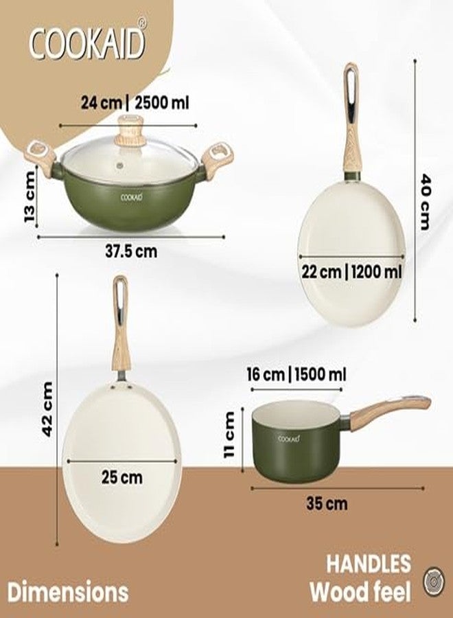 Cookaid Velora Series Cook and Serve Cookware Set of 7 Pcs Non Stick Cookware Set with 2 Pcs Nylon Tool| Aluminium Body| Ceramic Non Stick Coating |ISI Certified | Olive Green - Image 2