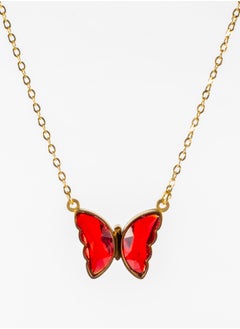Stainless Steel Necklace Gold with a Red Crystal Butterfly Pendant