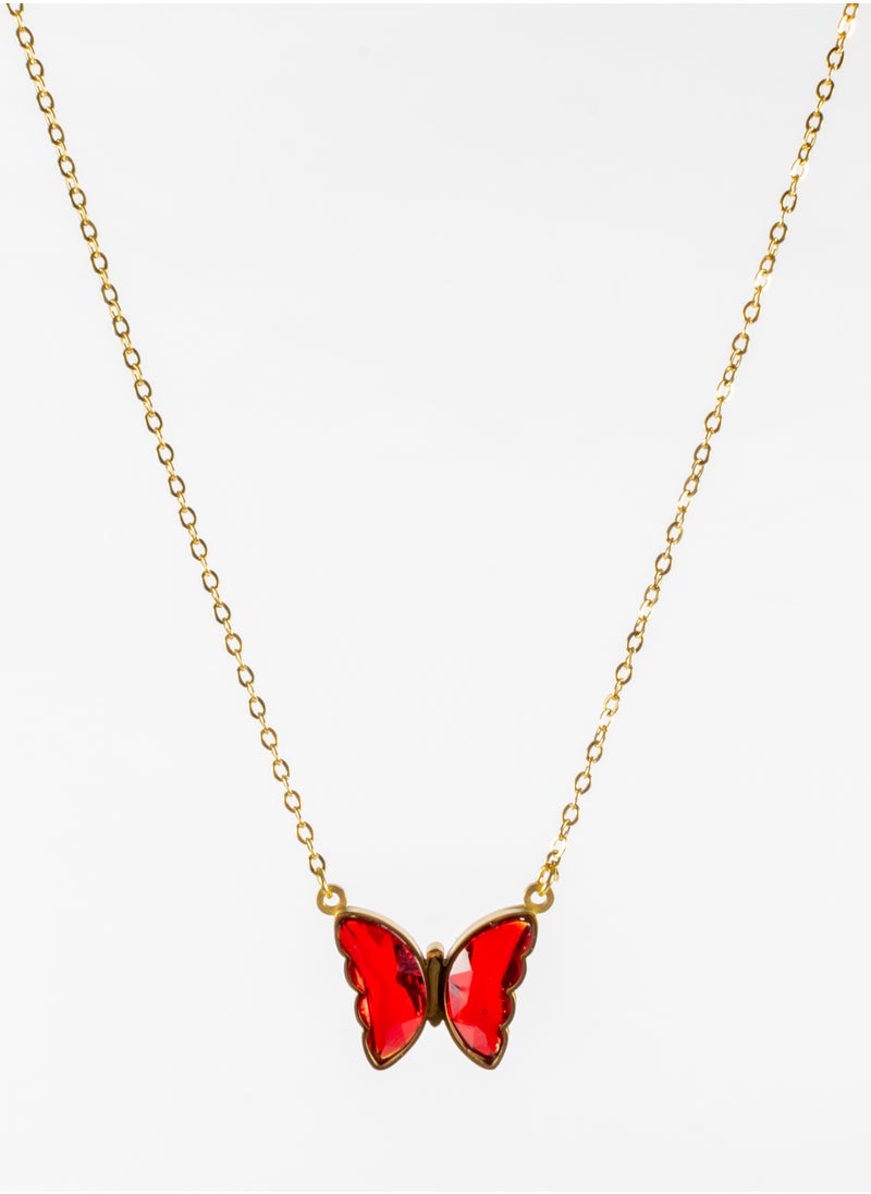 The Black Pearl Accessories - Stainless Steel Necklace Gold with a Red Crystal Butterfly Pendant - Image 1
