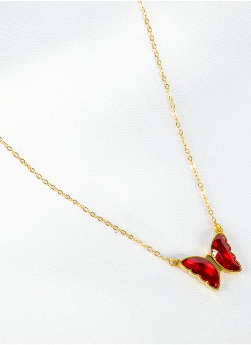The Black Pearl Accessories - Stainless Steel Necklace Gold with a Red Crystal Butterfly Pendant - Image 1